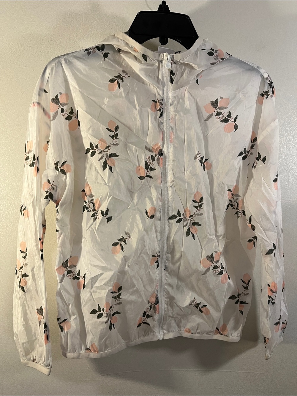 Girls' White Hooded Raincoat with Peach Floral Print
